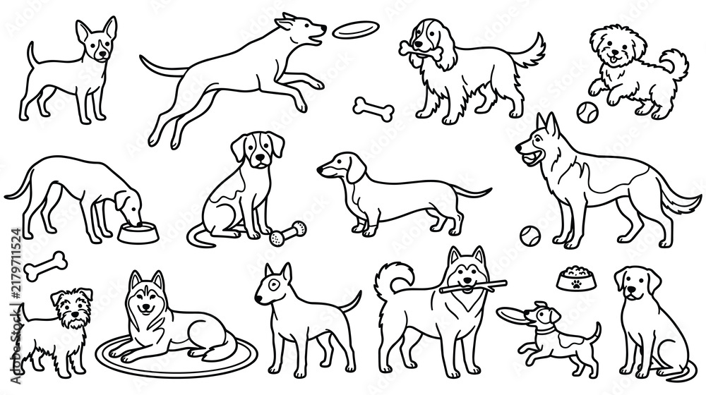 Obraz premium Dog breeds and toys line art collection, domestic pets for coloring book.