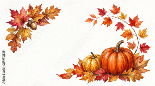 Autumnal display of pumpkins and colorful maple leaves, symbolizing harvest, fall season, and abundance, perfect for seasonal themes