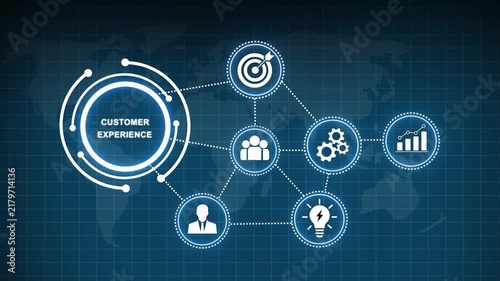 Digital customer experience infographic animation featuring interconnected business global network connectivity, strategic planning, data analytics, and corporate growth concepts on a dark blue
