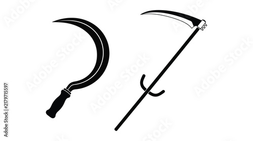 Fotografie Sickle and scythe tools presented as black silhouettes on a white background