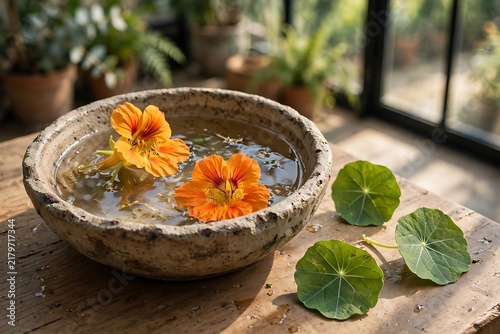 Orange Nasturtium Flowers Floating in Rustic Water Bowl