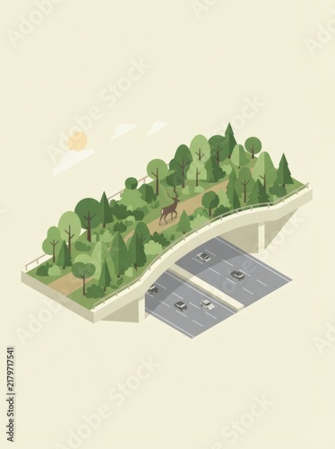 Isometric illustration of wildlife crossing bridge over highway with deer walking among green trees. Eco infrastructure concept connecting forest habitats separated by