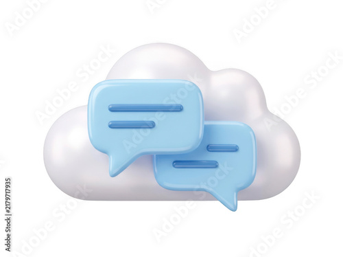 3d render of two blue speech bubbles floating in front of a white cloud isolated on transparent background