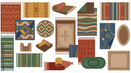 Decorative carpet collection features various ethnic patterns and shapes set.