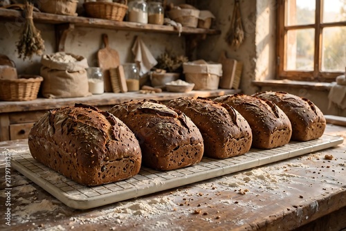 Rustic Seeded Rye Bread Loaves Cooling in Country Bakery