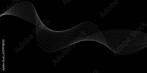 Wave dots abstract pattern. Flow of white curved dotted lines vector illustration isolated on black background. Dynamic shiny swirl backdrop. Digital, technology, ia, music, modern design element.