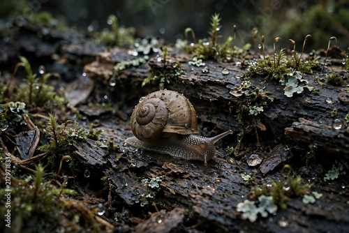Garden Snail Crawling Across Wet Mossy Bark