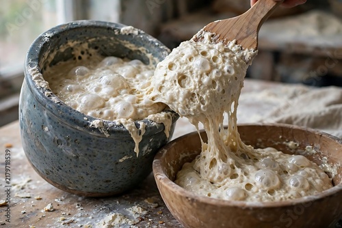 Active Sourdough Starter Transfer With Wooden Spoon
