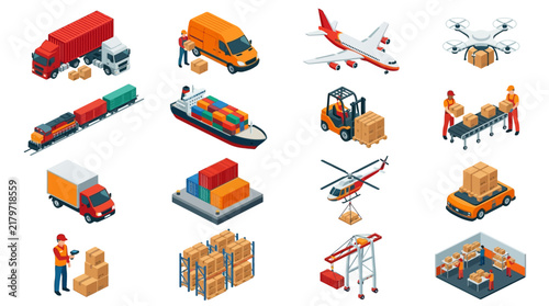 Logistics and shipping isometric icons represent global cargo distribution.