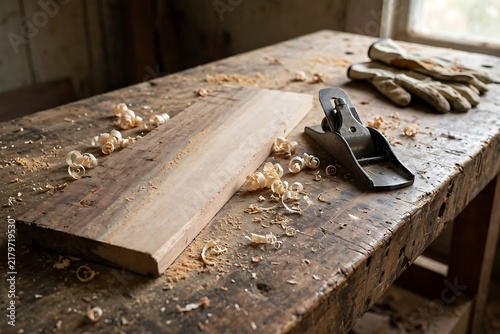 Woodworking Bench With Hand Plane and Fresh Wood Shavings
