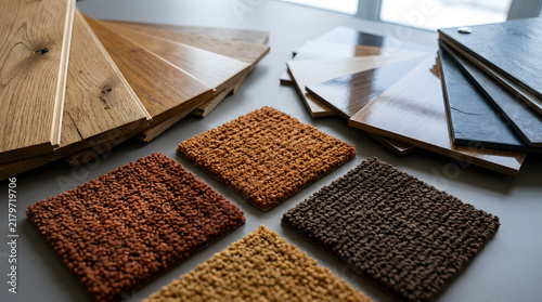 Hardwood and laminate flooring samples for home renovation | Interior design material selection with carpet and wood swatches | Professional flooring options for residential remodeling