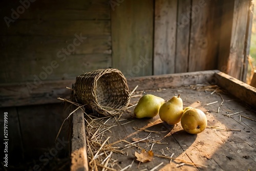 Ripe Pears on Rustic Wooden Table in Warm Autumn Light