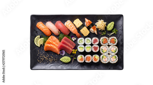 Foto Variety of sushi rolls, nigiri, and sashimi on black png on isolated transparent
