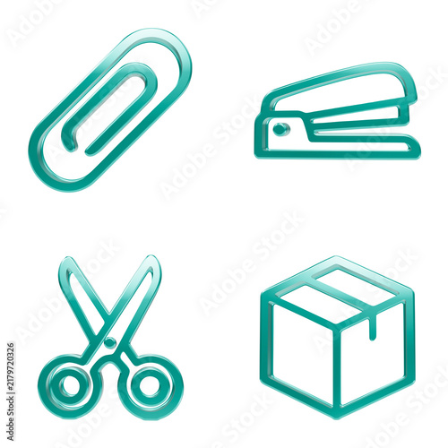 Business stationary icons featuring metal paperclip stapler scissors and a cardboard delivery package for shipping services