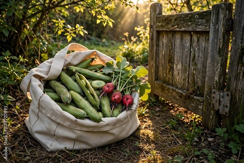 Fresh Garden Vegetables in Canvas Bag Beside Rustic Gate