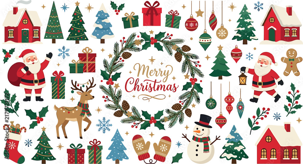 Fototapeta premium Merry Christmas festive vector illustration set with Santa Claus reindeer snowman and holiday decorative elements