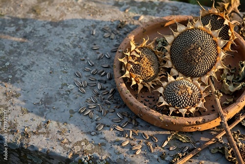 Dried Sunflower Heads and Seeds in Rustic Autumn Still Life