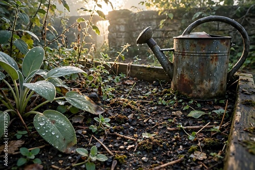Rusty Watering Can in Dewy Garden at Sunrise