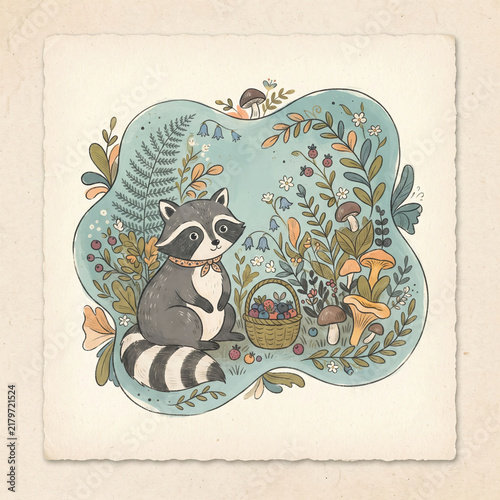 Cute Raccoon in Scarf Sitting near Berry Basket and Mushrooms