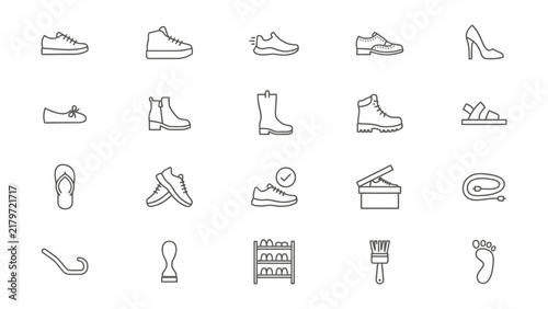 Collection of various stylized shoe icons and footwear related symbols isolated on transparent background