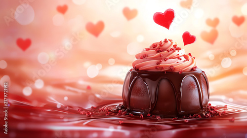 Chocolate cake with pink cream and floating hearts on a romantic red background chocolate dessert sweet treat valentine day food photography
