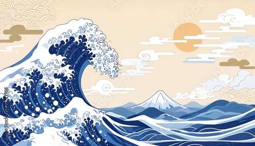 Iconic Japanese Great Wave and Mount Fuji under a warm sun