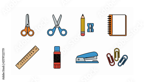 A collection of essential school and office stationery items including scissors, pencil, notebook, ruler, glue, stapler, and paper clips.