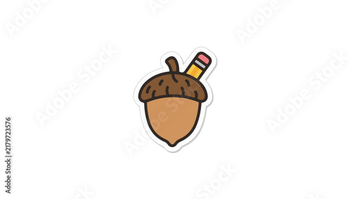 Cute cartoon acorn with a yellow pencil sticking out of its brown cap, on a white background.