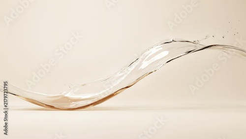 A dynamic splash of clear liquid captured in mid-air against a soft beige background, creating an wave shape with tiny droplets.