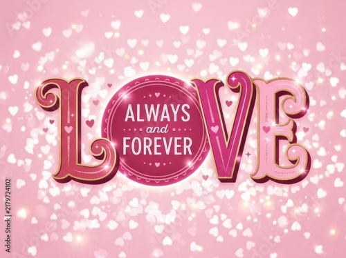 Romantic love always and forever typography design with glowing hearts background