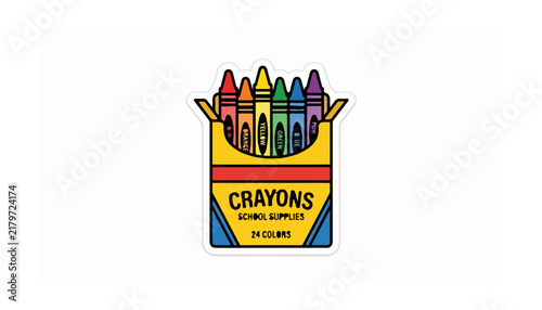 Cartoon illustration of a yellow box of crayons with six rainbow-colored crayons inside, labeled 'SCHOOL SUPPLIES'.