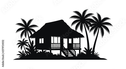 Tropical bungalow with palm trees and foliage is depicted as a silhouette