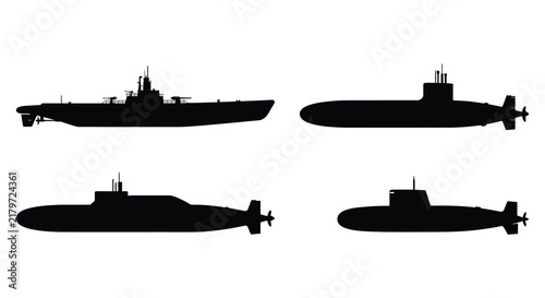 Four submarine silhouettes against a white background showcase naval vessels