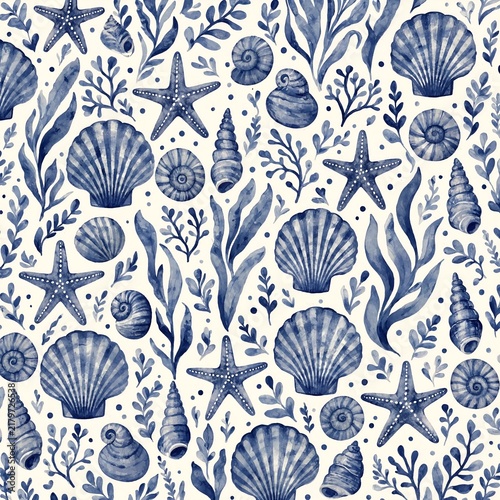 Charming navy blue watercolor pattern featuring seashells and starfish