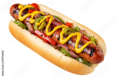 Grilled hot dog with mustard, peppers, and onions isolated on transparent background