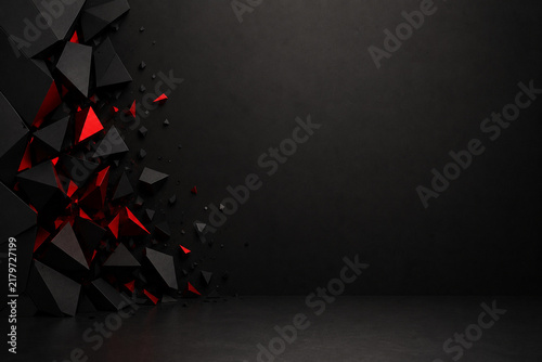 Dark abstract background with black and red geometric fragments and dramatic three-dimensional composition. Modern luxury design with large copy space for advertising, promotions, banners, presentatio