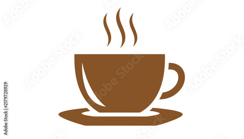 Simple brown silhouette icon of a steaming cup of coffee sitting on a saucer against a clean white background.