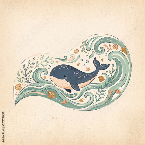 Cute Blue Whale Swimming in Swirling Ocean Waves with Seashells