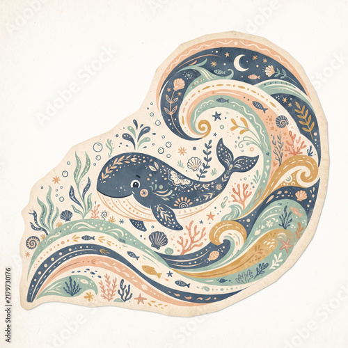 Folk Art Blue Whale Swimming with Coral Seashells and Crescent Moon Wave
