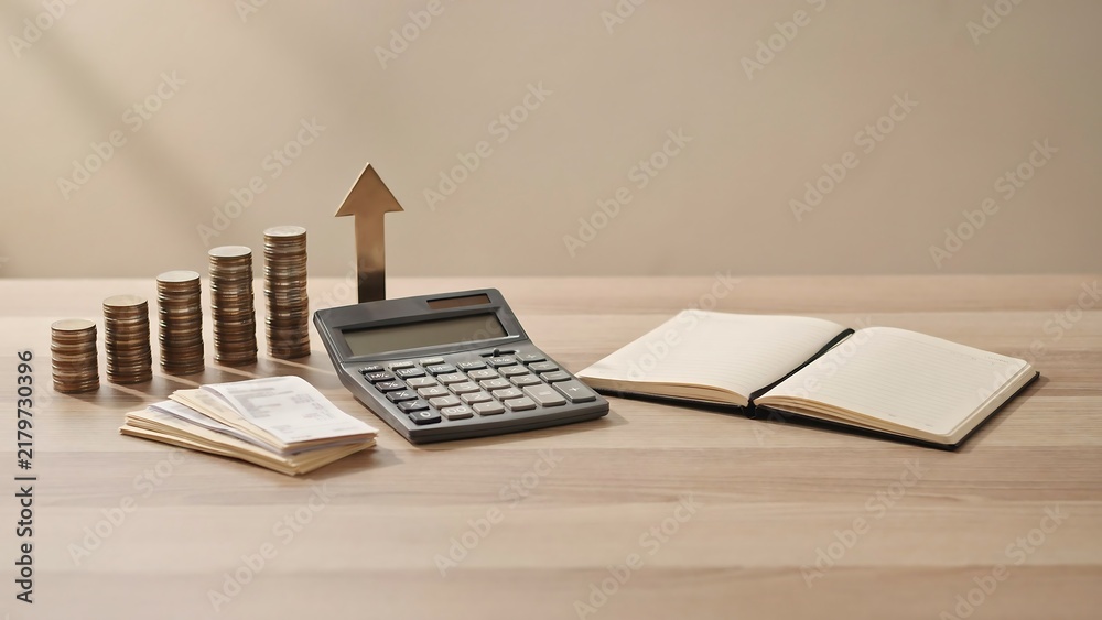 Obraz premium Financial growth concept with stacks of coins, an upward pointing arrow, a calculator, and an open notebook on a light wooden desk surface background.