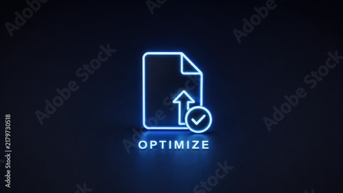 Obraz na płótnie Blue glowing document upload and check mark labeled Optimize