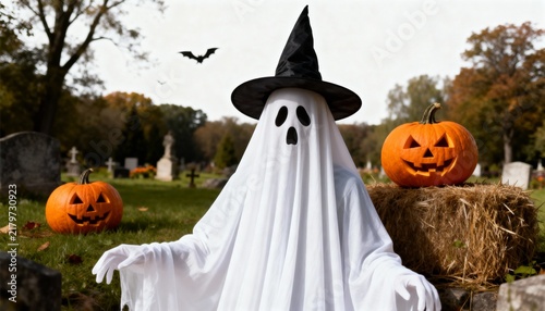 Cute Halloween ghost wearing witch hat in cemetery with jack-o'-lantern pumpkins and autumn scenery