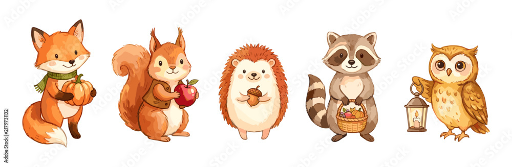 Fototapeta premium Cute watercolor forest animals celebrating autumn harvest season