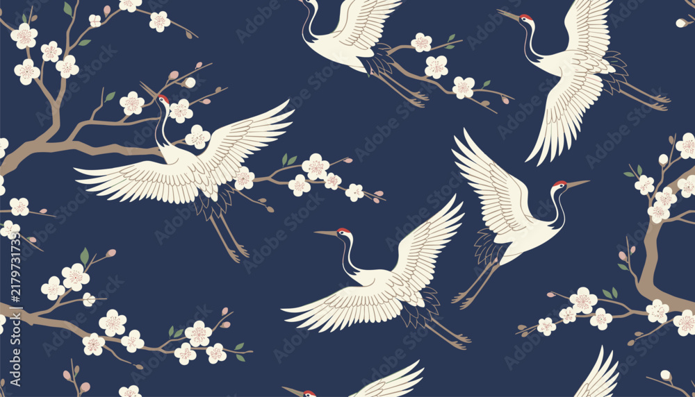 Obraz premium Cranes and cherry blossoms pattern featuring white cranes flying among pink cherry blossom branches on a deep dark blue background.