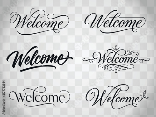 Elegant script lettering 'Welcome' phrases on transparent background