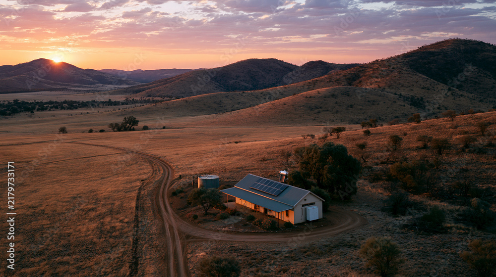 Fototapeta premium Aerial view of a small rural clinic at dusk beside its single storey building in a calm balanced composition with room for text