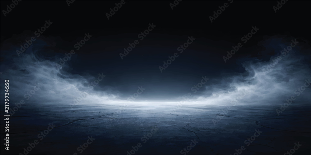 Obraz premium Dark Blue Smoky Fog Stage Background with Dramatic Atmospheric Lighting and Copy Space