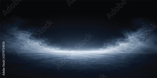 Dark Blue Smoky Fog Stage Background with Dramatic Atmospheric Lighting and Copy Space