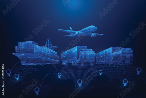 logistics transportation plane truck and ship technology worldwide blue background. business international shipping and export. vector illustration fantastic technology.