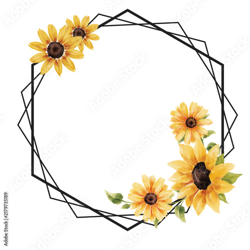 Elegant floral hexagon border design with bright yellow sunflowers and green leaves corners on a white background for invitations.